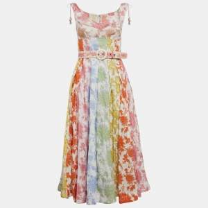 Zimmermann Multicolor Floral Print Linen Belted Midi Dress M