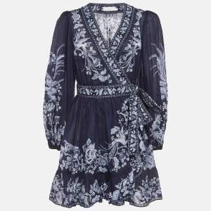 Pre Owned Zimmermann Blue Floral Print Cotton Aliane Mini Wrap Dress M