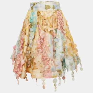 Zimmermann Multicolor Floral Print Linen Tempo Disc-Embellished Mini Skirt M