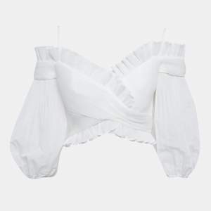 Zimmermann White Plisse Off-Shoulder Crop Top M