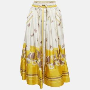  Zimmermann White/Yellow High Tide Sailboats Print Silk Midi Skirt S