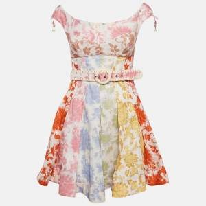 Zimmermann Multicolor Floral Print Linen Postcard Spliced Mini Dress M