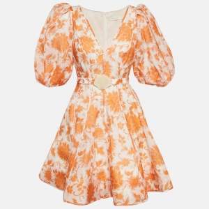 Zimmermann Orange Floral Print Linen Blend Puff Sleeve Postcard Mini Dress M
