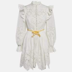Zimmermann White Broderie Anglaise Linen Carnaby Ruffled Mini Dress M