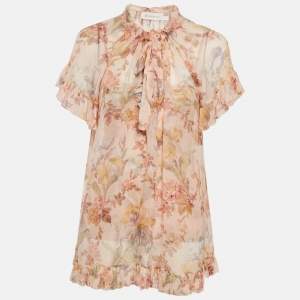 Zimmermann Beige Floral Print Silk Neck-Tie Espionage Blouse S