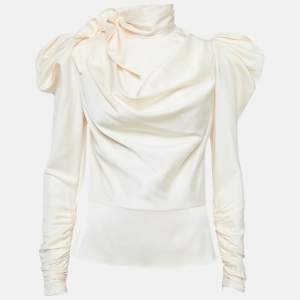 Pre Owned Zimmermann Cream Silk Tie-Up High Neck Blouse M