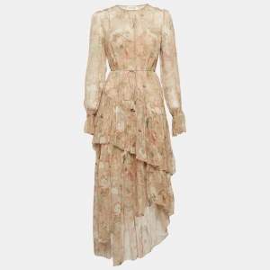 Pre Owned Zimmermann Beige Floral Print Georgette Silk Tiered Asymmetric Midi Dress M
