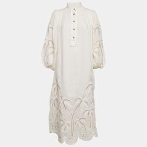 Zimmermann Off-White Embroidered Linen Puff Sleeve Midi Dress S