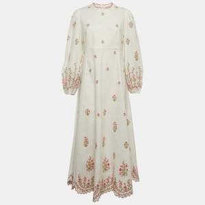 Zimmermann White Poppy Floral Embroidered Linen Scallop Midi Dress L