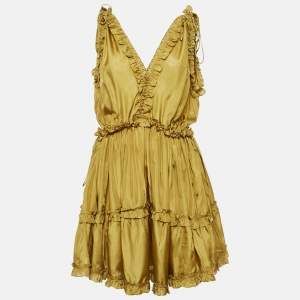 Zimmermann Green Silk-Habotai Estelle Ruffled Mini Dress S