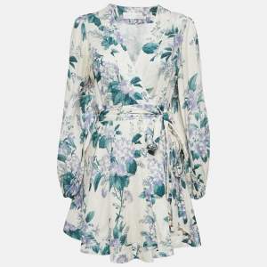 Zimmermann Off White Floral Print Linen Mini Wrap Dress L