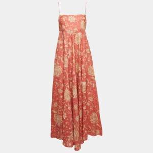 Zimmermann Pink Floral Print Linen Flared Maxi Dress L