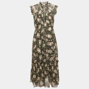 Zimmermann Black Floral Print Silk Flounce Midi Dress L