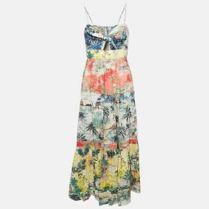 Zimmermann Multicolor Printed Cotton Neck Tie-Up Tiered Maxi Dress L