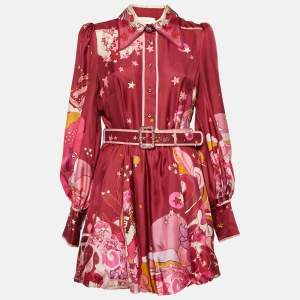 Zimmermann Burgundy Concert Print Silk Belted Mini Dress M