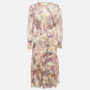 Zimmermann Pink Hydrangea Print Chiffon Tiered Midi Dress L