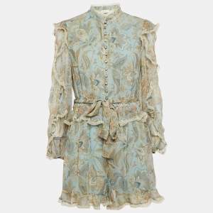 Zimmermann Blue Paisley Print Silk Lace Insert Playsuit L