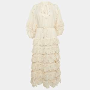 Zimmermann Cream Ramie Broderie Anglaise Tiered Midi Dress M