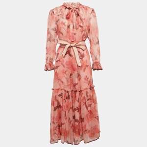 Zimmermann Pink Floral Print Chiffon Silk Ruffled Midi Dress L
