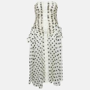 Pre Owned Zimmermann Off-White Polka Dot Print Ruched Strapless Maxi Dress S