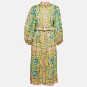 Zimmermann Multicolor Printed Linen Belted Midi Dress M