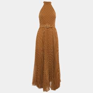 Pre Owned Zimmermann Brown Polka Dot Print Crepe Pleated Halter Neck Long Dress XS