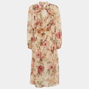 Pre Owned Zimmermann Beige Floral Luminosity Print Crepe Cowl Neck Mid Dress M