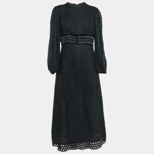 Zimmermann Black Eyelet Lace Trim Linen Midi Dress M