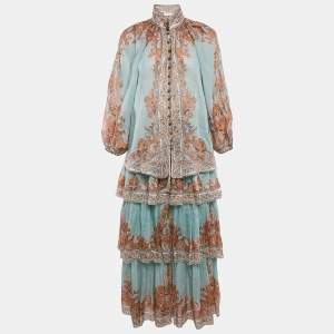 Zimmermann Blue/Multicolor Ramie Flounce Skirt and Top Set S