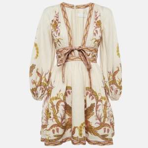 Zimmermann Cream Floral Print Linen Cassia Plunge Bow Mini Dress M