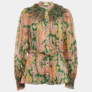 Pre Owned Zimmermann Green/Yellow Teddy Paisley Print Shirring Detail Blouse L