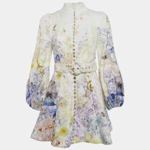 Pre Owned Zimmermann Yellow Floral Print Linen Belted Mini Dress M