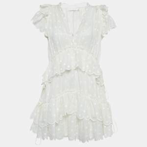 Zimmermann White Polka Dots Embroidered Ramie Tiered Mini Dress S