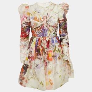 Zimmermann White/Purple Floral Print Linen Blend Mini Dress M