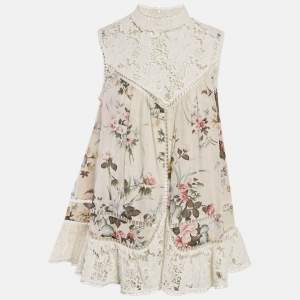 Zimmermann Beige Floral Print Cotton Lace Trim Top S