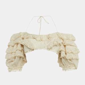 Zimmermann Off White Cotton Blend Ruffled Off Shoulder Crop Top M