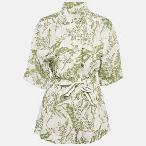 Pre Owned Zimmermann White/Green Leaf Print Linen Empire Playsuit M