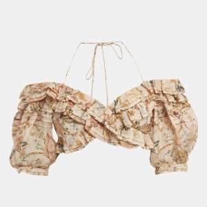 Zimmermann Beige Floral Print Linen Ruffled Crop Top M