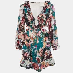 Zimmermann Green/Burgundy Floral-print Linen Cut-Out Allia Mini Dress M