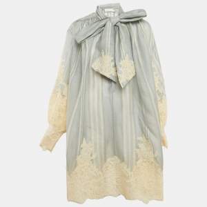 Zimmermann Blue/Cream Striped Linen Blend and Lyrical Lace Mini Dress M