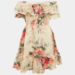Zimmermann Beige Floral Print Off-Shoulder Ruffled Mini Dress XS