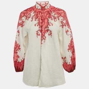 Pre Owned Zimmermann White/Pink Printed Ramie Nina Billow Blouse M