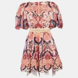 Zimmermann Pink Floral Print Linen Belted Mini Dress M
