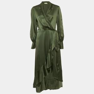 Zimmermann Green Satin Asymmetric Midi Wrap Dress L