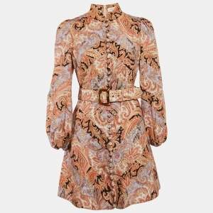 Zimmermann Brown Paisley Print Linen Belted Mini Dress M