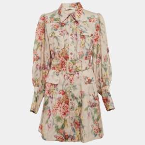 Zimmermann Pink Wavelength Print Linen Belted Mini Dress L
