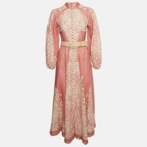 Pre Owned Zimmermann Pink Floral Print Linen Midi Dress S