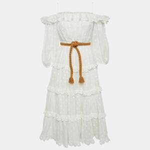 Zimmermann White Polka Dot Ramie Tiered Midi Dress M