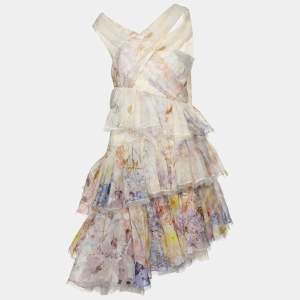 Pre Owned Zimmerman Multicolor Silk Blend Rhythmic Asymmetric Tiered Ruffle Mini Dress XS