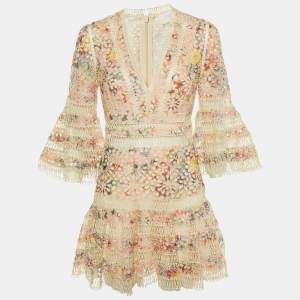 Pre Owned Zimmermann Cream Printed Cotton & Lace Trim Mini Dress M